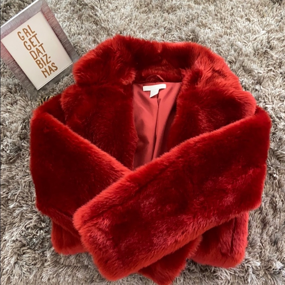 Red faux fur coat